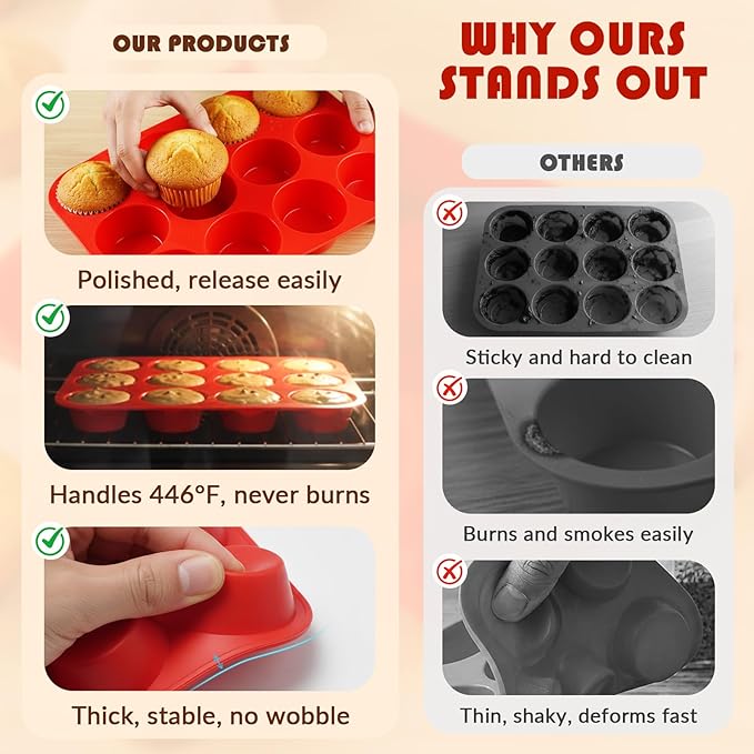 HKNMTT Silicone Muffin Pan for Baking, Cupcake Egg bites Brownie Mold 12 Cup Regular Size, Oven Safe BPA Free kitchen Appliances 2 Pack