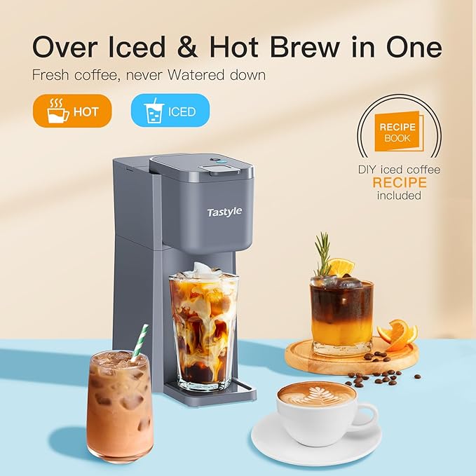 Tastyle Mini Hot and Iced Coffee Maker Single Serve, for K Cup and Ground, 6 to 14 Oz Brew Sizes, with Recipe Book, for Home, Travel, RV, Office and Dorm, Elegant Gray