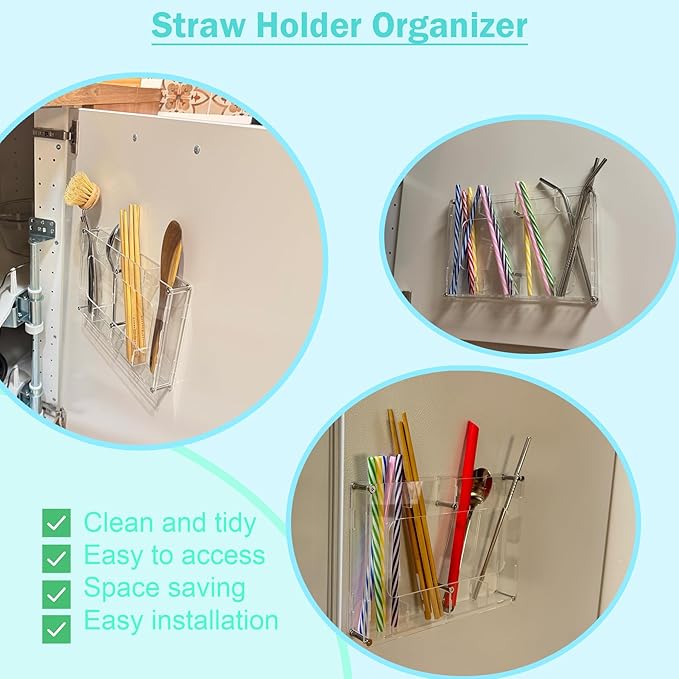 Acrylic Straw Holder for Cabinet Door & Wall – Kitchen Organizer Dispenser for Reusable Straws, Cupboard Storage Container for Drinking Straws & Small Accessories