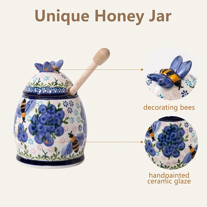 ZOOBEE 10oz Ceramic Honey Jar with Dipper and Lid,Handpainted Honey Pot with Natural Design, Small Portable Honey Container for Kitchen, Picnic-Blueberry Breeze