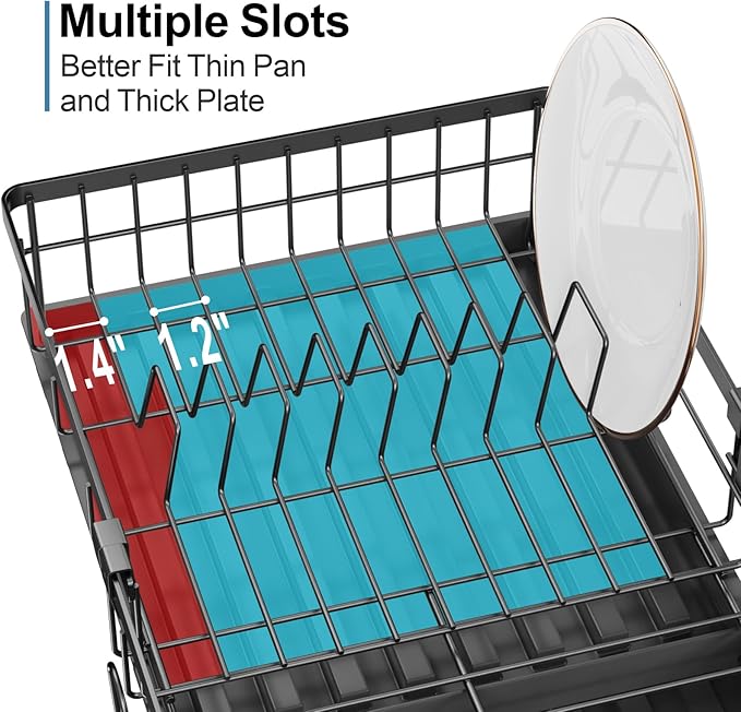 GSlife Expandable Dish Drying Rack for Kitchen Counter, Compact Space-Saving Dish Rack with Drainboard, Rustproof Dish Drainer for Small Kitchen, Apartment, RV, 12.2" W x 12"-20.5" L, Black