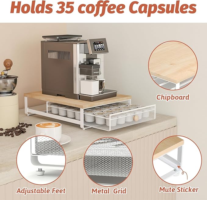 Sedegn Coffee Pod Holder Counter Coffee Vertuo Capsules Storage Organizer with Sliding Drawer Compatible For 35 K-Cup Pods No Assembly Needed Natural Colour
