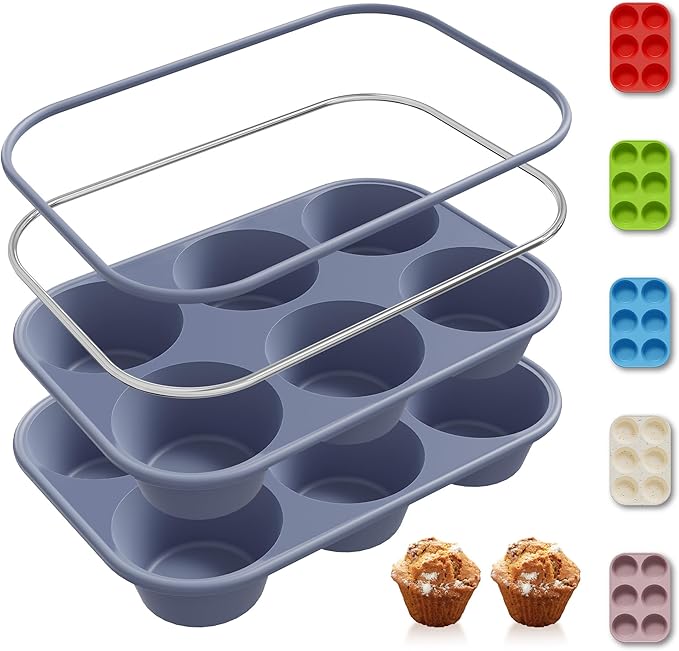 Socisen 2 Pack 6 Cups Silicone Jumbo Muffin Pan with Metal Reinforced Frame Silicone Molds for Baking Cupcake Cake Baking Pans Muffin Tin Tart Pans Baking Set for Easter Christmas holiday Cookie Tin