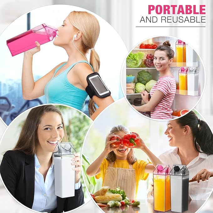 Remerry 3 Pcs Milk Carton Water Bottle Square Plastic Coffee Portable Reusable Milk Carton Cup Leakproof Juice Bottle