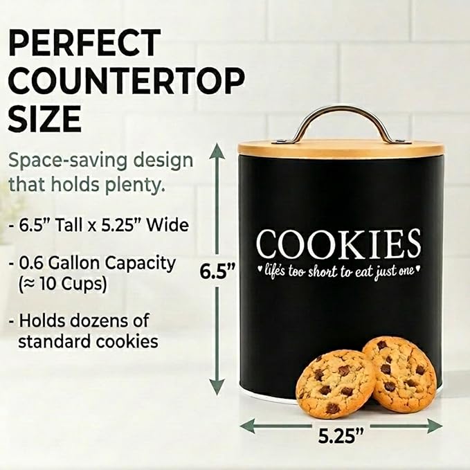 D'Lifeful Cookie Jar with Airtight Bamboo Lid – 0.6 Gallon Cute and Decorative Cookie Storage for Kitchen Countertop – Farmhouse Storage Tin for Freshness – Great Gift Idea