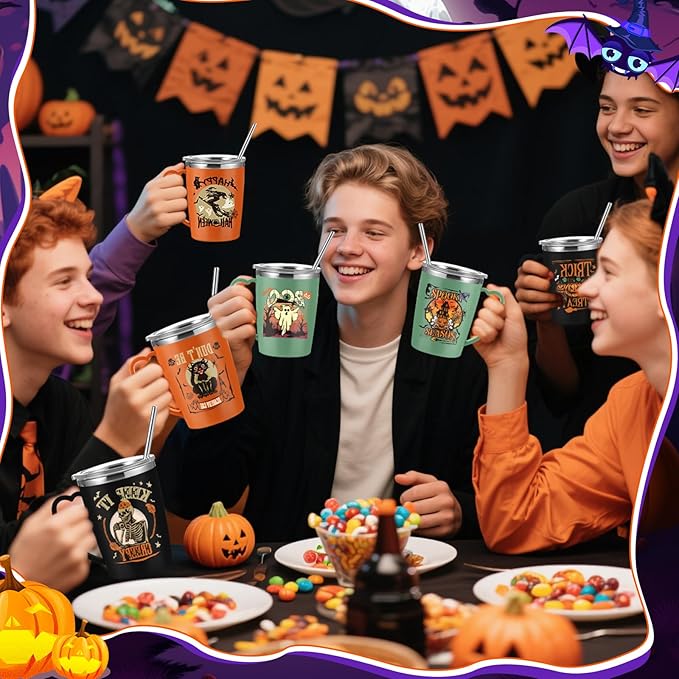 6 Pcs Halloween Coffee Mugs Cups 16 oz Halloween Stainless Steel Insulated Tumblers Bulk with Handle Lid Straw Brushes Spooky Ghost Face Monster Black Cat Mugs Trick or Treat Gifts