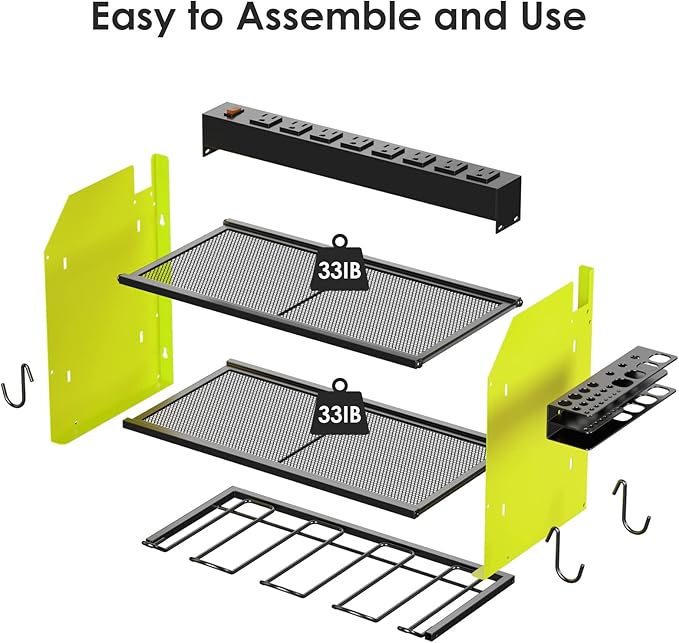 CCCEI Modular Power Tool Organizer Wall Mount with Charging Station. Garage Drill Storage Shelf with Hooks, Heavy Duty Rack, Tool Battery Holder Built in 8 Outlet. Gift for Men. Green, 2 Pack.