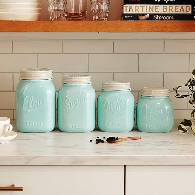 Young's Inc. 4 Pcs Set Casual Provincial Ceramic Canisters- Storage Container for Kitchen and Bathroom - Beautiful Home Decor Accent to Store Food, Coffee, Tea, and More - Green, White