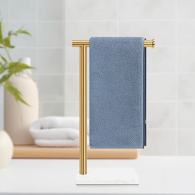 Hand Towel Holder, Hand Towel Stand for Bathroom with Marble Base, 304 Stainless Steel L Shape Hand Towel Rack Bar Standing for Vanity Kitchen Countertop, Brushed Gold