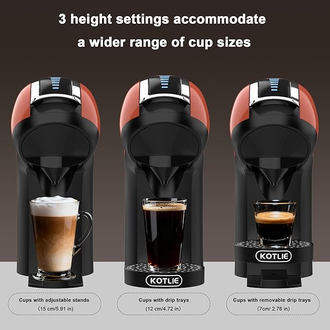 KOTLIE EM-308B Espresso Machine, Single Serve Coffee Maker Compatible with Multiple Capsule Types, Ground Coffee, and ESE Pods, 3 Temperatures, 7 Water Volume Levels, 34 Oz (Orange)