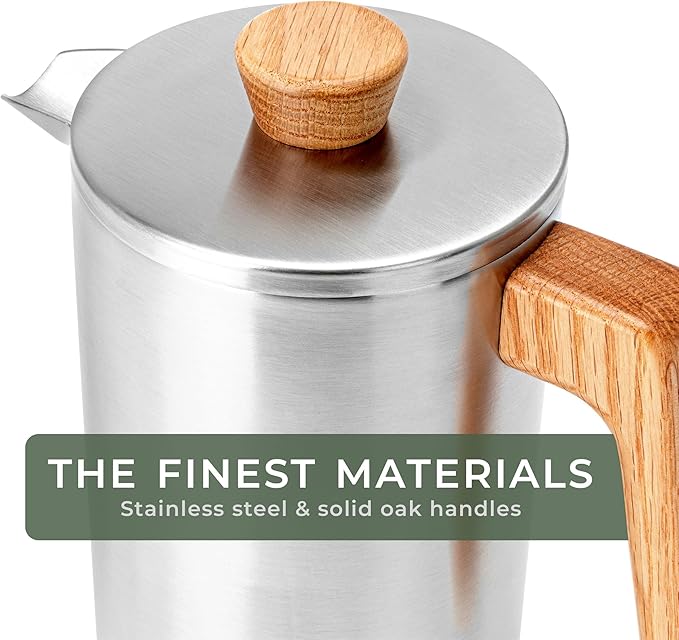 WALDWERK French Press (34 oz) - Non-Toxic Stainless Steel Double Wall French Press Coffee Maker - Plastic Free Coffee Press with Oak Wood Handle - Insulated Stainless Steel Coffee Maker - No Plastic