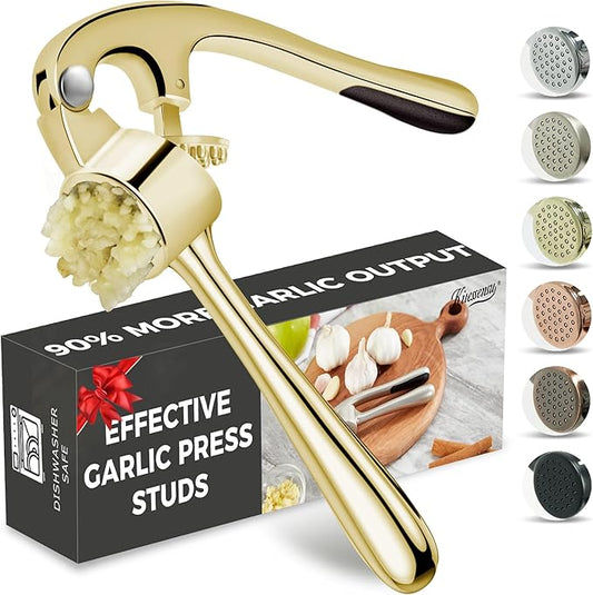 Kitessensu High Effective Garlic Press With Studs, Heavy Duty Garlic Mincer, Easy to Squeeze and Clean, Rust Proof & Dishwasher Safe, Ginger Crusher - Golden