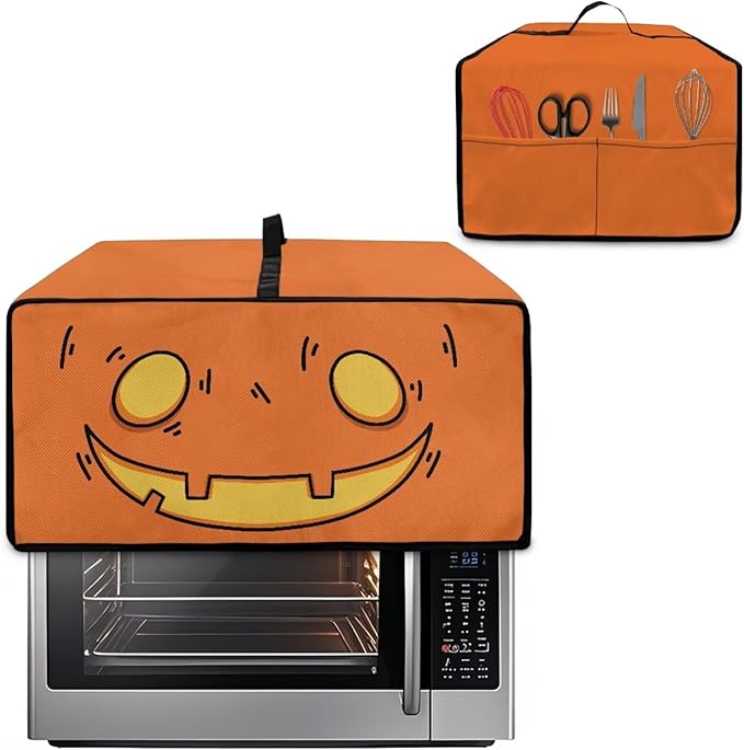 Air Fryer Toaster Oven Cover Fabric Convection Oven Cover with Pockets, Washable Small Appliance Dust Protection, L, Cartoon Pumpkin Face Pattern Halloween Decor