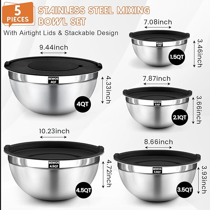 BEWOS Mixing Bowls with Lids Set - 5 Pcs Stainless Steel Mixing Bowls With 3 Grater Attachments, Size 4.5, 4, 3.5, 2.1, 1.5QT Metal Bowls for Baking and Serving (Black)