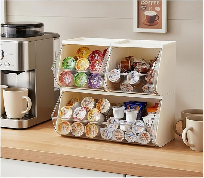 3 Pack Coffee Pod Basket for Kitchen Counter, Plastic Storage Organizer Box for Office Desk, Large Tea Bags Holder ( Cream / Clear )