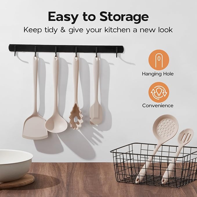 Onader Kitchen Utensils Set, Silicone Non Toxic Cooking Utensils, 6 Pcs Heat Resistant Kitchen Gadgets Set for Nonstick Cookware - Khaki