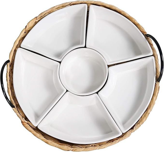 Ceramic Serving Tray, Food Tray 15.5 x 15.5 Inches,Divided Serving Platter with 6 Removable Dishes, Portable Handle Cattail Serving Bowls,Perfect for or Chips and Dip,Natural