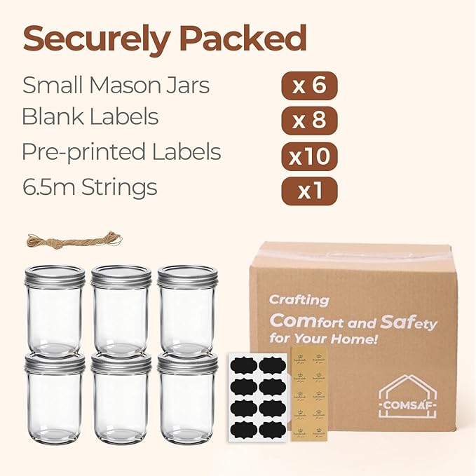 ComSaf Small Mason Jars 8 oz 6Pcs, Half Pint Regular Mouth Mason Jar with Lids and Seal Bands, Glass Canning Jars for Jam, Jelly, Spice, Meal Prep, Honey, Shower Wedding Favors, DIY Candles Decor