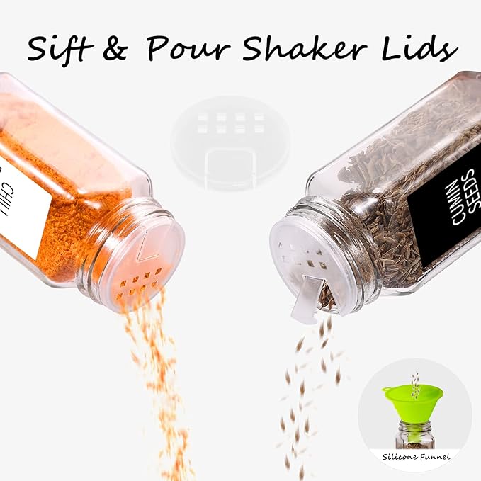 Churboro 24 Spice Jars with Labels & Bamboo Lids - 4 Oz Glass Containers with Shaker Lids, 547 Spice Labels of 3 Different Types Seasoning Jars for Spice Rack, Cabinet, or Drawer