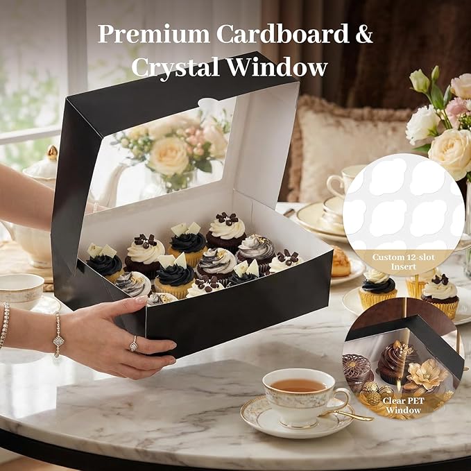 VGOODALL 12 Count Cupcake Boxes, 6PCS Cupcake Containers with Window Black Pastry Boxes for Birthday Holiday Party Bakery Supplies