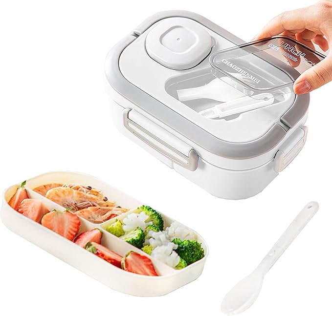 Adults Bento Lunch Box,Salad Container Large 43oz Salad Bowl, Bento-Style Tray for Toppings, 3oz Sauce Container for Dressings, and Built-In Reusable Fork (White)