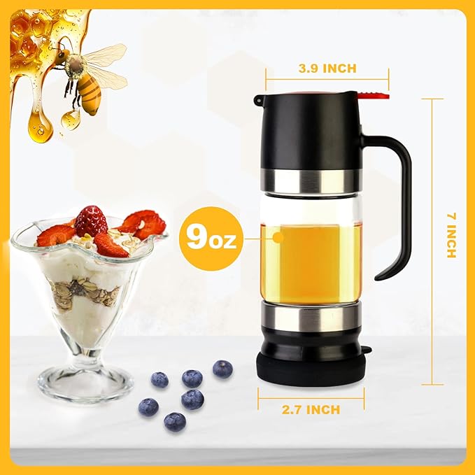 Glass Honey Dispenser No Drip, Maple Syrup Dispenser for Coffee, Tea, Pancake, Black (9 OZ, 1 Pack) U14