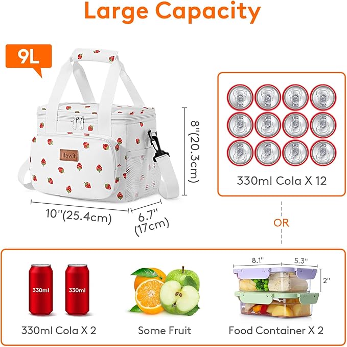 Lifewit Medium Lunch Bag, Insulated Lunch Box, Soft Cooler Cooling Tote for Adult Men Women, Strawberry 12-Can (9L)