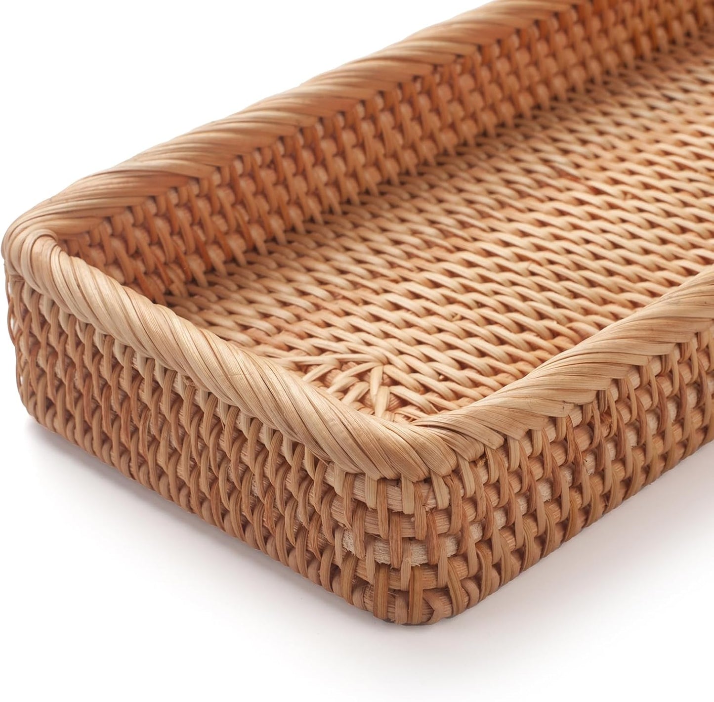 Rattan Bathroom Vanity Tray, Toilet Tank Basket Tray for Paper Hand Towel, Bathroom Counter Tray for Organizing and Decor (Natural, 16.3" x 6.1" x 2")