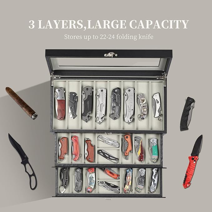AUTOARK 3-Tier PU Leather & Velvet Knife Organizer with 26 Slots,Transparent Glass Top & Drawer,Compact Storage for Pocket Knives,Ideal for Men's Collections & Gifts,Black,MKAW016