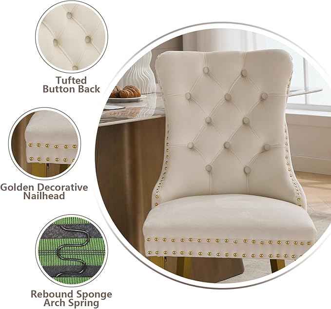Velvet Dining Chairs Set of 2, Kitchen & Dining Room Chairs, Upholstered Dining Chairs with Back Ring Pull and Golden Solid Wood Legs, Modern Tufted Kitchen Chairs for Dining Room, Cream