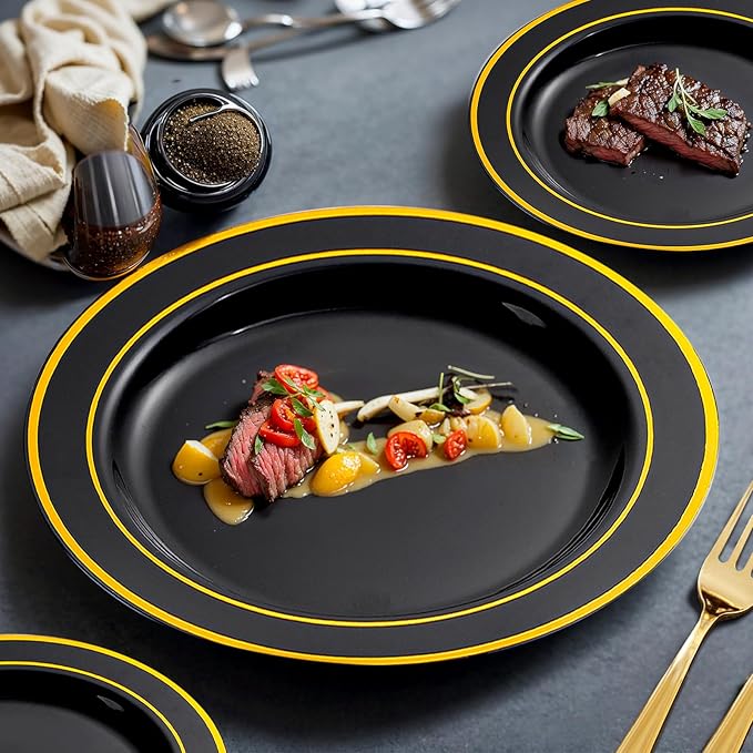 bUCLA 150 Pieces Black and Gold Disposable Dinnerware Set - 25 Guests Black Gold Plastic Plates Include 25 Dinner & 25 Dessert Plates, 25 Spoons, 25 Forks, 25 Knives, 25 Cups for Party & New Year