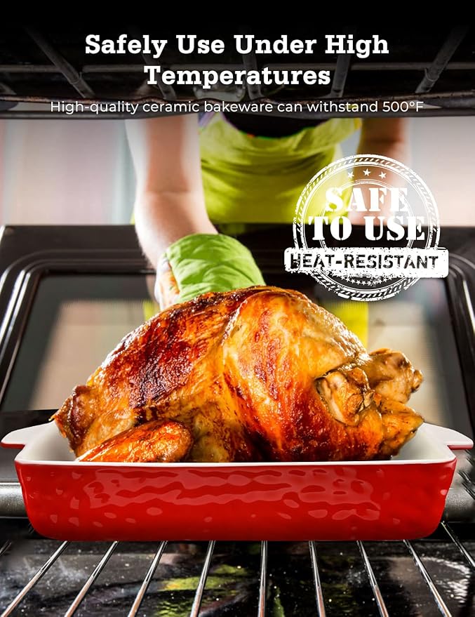 Ceramic Baking Dish and Ramekins Set Casserole Dish with Handles Packaging Upgrade Nonstick Ceramic Bakeware Ramekins Bowls for Baking Souffle, Cooking, Cakes, Lasagna & Gift, Red