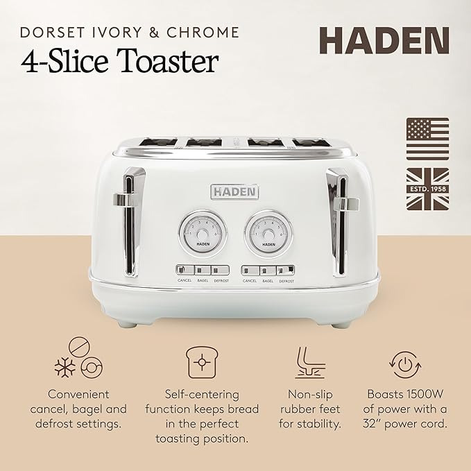 Haden Dorset 4 Slice Wide Slot Stainless Steel Toaster with Adjustable Browning Control & Non-Slip Feet, Ivory & Chrome