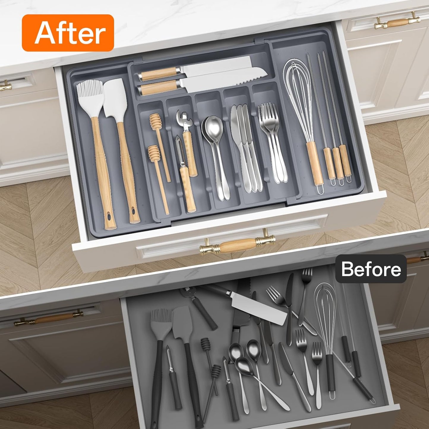 Large Silverware Organizer,Expandable Utensil Drawer Organizer,BPA Free Utensil Holder,Adjustable Silverware Tray Cutlery Drawer Organizer for Kitchen Flatware,Large,Grey (6-8 Slots)