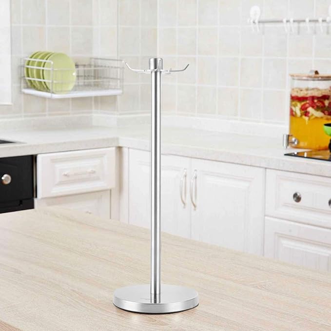 Utensil Rack, 360 Degree Rotating Kitchen Organizer Silver Space Saving Hanging Spatula Spoon Soup Ladle Holder with 5 Hooks for Home Countertop Cooking Utensil Holder