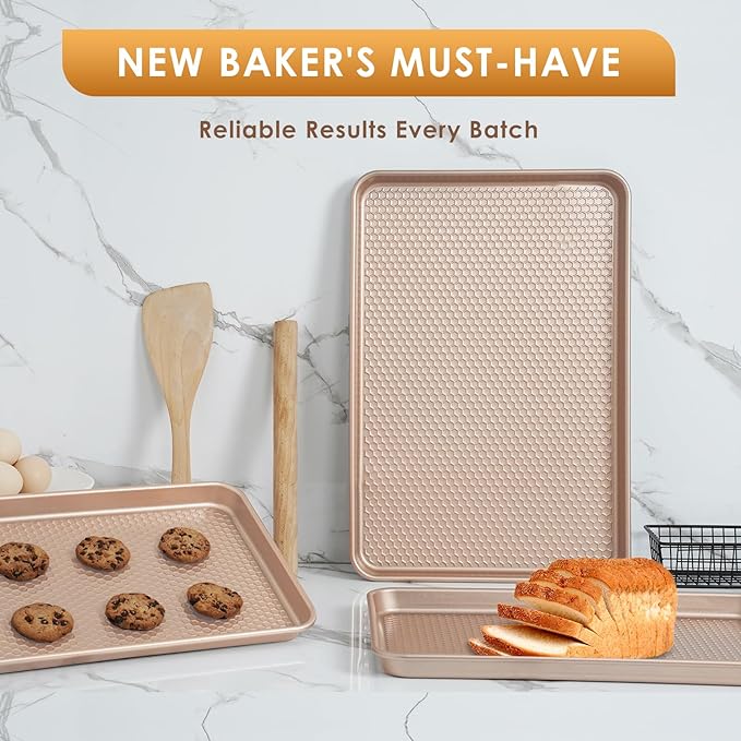 Baking Sheet Pan Set of 3, Nonstick Carbon Steel Cookie Sheets with Texture, Commercial Half/Quarter/Jelly Roll Pans Replacement Toaster Oven Tray, Heavy Duty & Easy Clean, Rose Gold