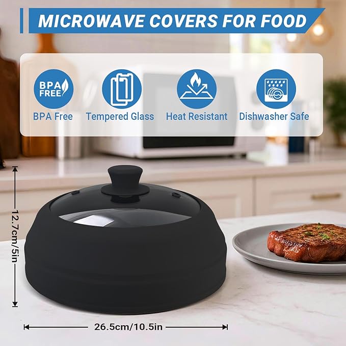Microwave Splatter Cover Glass,10.5 Inch Collapsible Microwave Cover for Food Glass, Silicone Vented Splatter Guard Lid, Silicone Dish Plate Cover, Dishwasher Safe, Heat Resistant, BPA-Free, Black