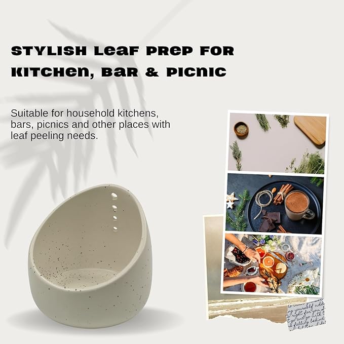 Ceramic herb stripper bowl,a 4-hole kitchen & garden tool with ergonomic handle for easy herb stem removal. Easy to clean, perfect for home cooks & gardeners (White)