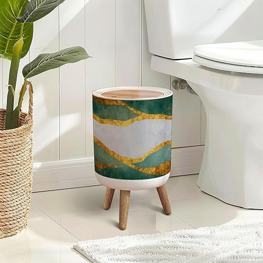 Trash Can with Lid 3d abstract marble green gray marble golden shapes for home living Press Top Round Small Garbage Bin with Wooden Legs Waste Basket for Kitchen Bedroom Nursery 7L/1.8 Gallon