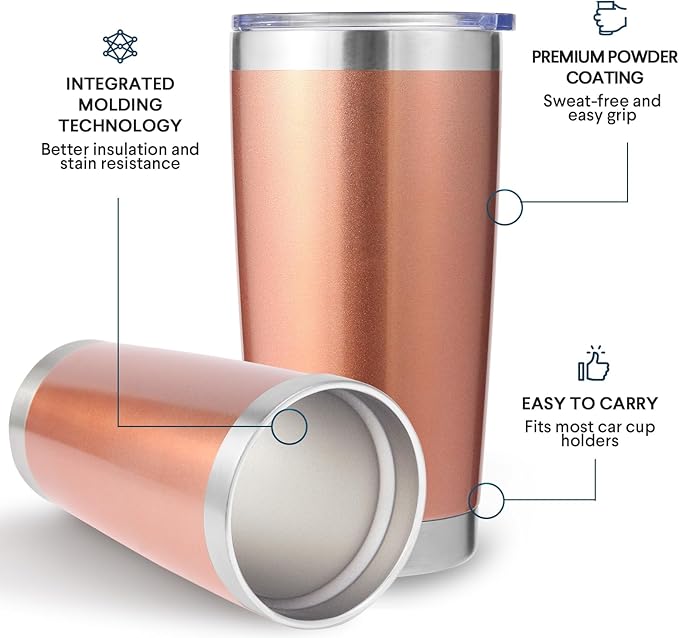 Volhoply 20oz Stainless Steel Tumbler with Lid and Straw,Double Wall Insulated Travel Iced Coffee Mug Fits Cup Holder,Powder Coated Cups for Hot and Cold Drinks,Gifts for Women Men（Rose Gold,1 Set）