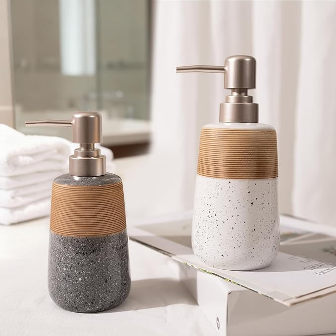 2 Pcs Ceramic Soap Dispenser Set, 15 Oz Refillable Liquid Soap Dispensers with Embossed Texture for Bathroom Countertop and Kitchen Sink, Hand Soap, Dish Soap & Lotion Bottles, Modern Home Decor