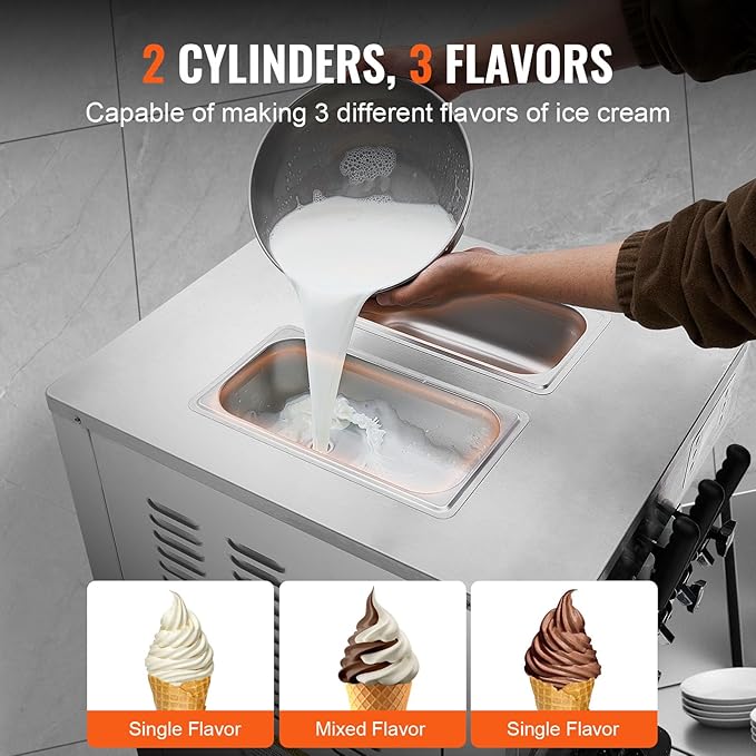 VEVOR 1850W Commercial Soft Ice Cream Machine 3 Flavors 5.5 to 8.2Gallon per Hour PreCooling at Night Auto Clean LCDPanel for Restaurants Snack Bar, Sliver