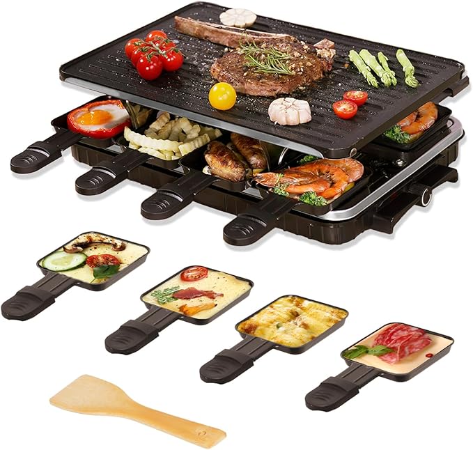 VNIMTI Raclette Table Grill, Electric Indoor Korean Barbecue Grill, Portable BBQ Tabletop Griddle, 2 in 1 Reversible Non-stick Plate, 1300W Fast Heating Crepe Maker with 8 Square Raclette Cheese Pans