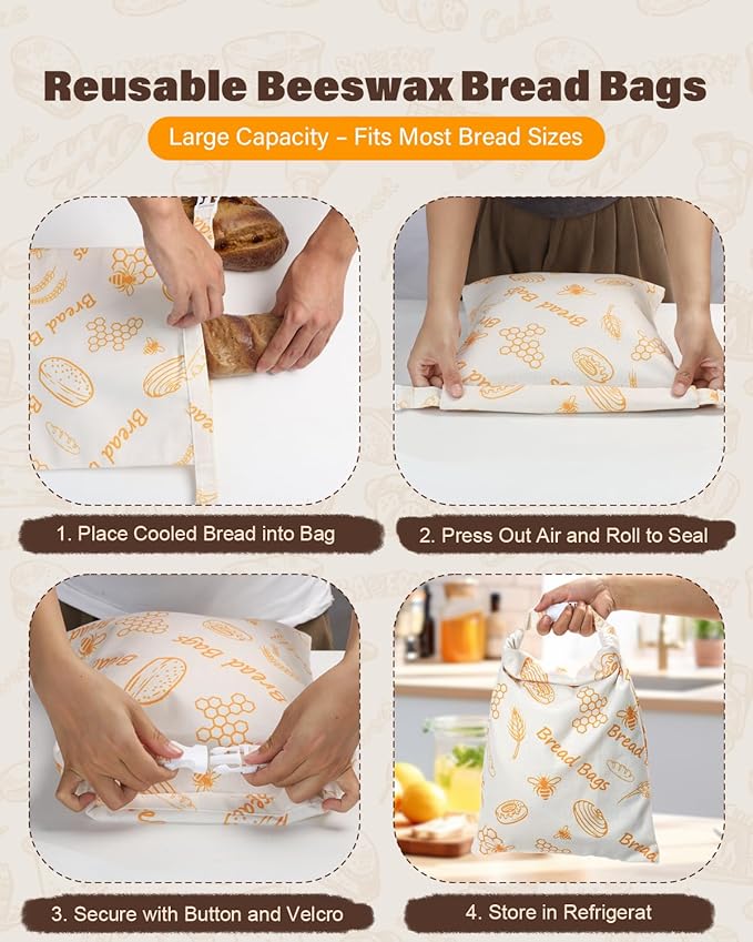 Reusable Bread Bags for Sourdough - Beeswax Cotton Bread Bags for Homemade Bread, Thicker Cloth Design for Freezing to Keep Bread Fresh, 2 Pack XL 17x13 Inch
