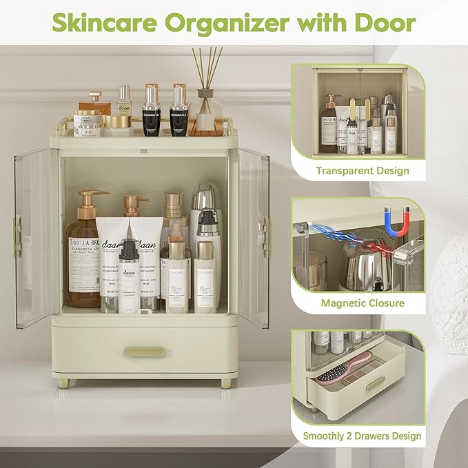 Webetop Cosmetic Organizer Countertop, Makeup Storage Organizers with Drawers & Magnetic Doors, 15.3" Tall Skincare Organizer for Vanity, Bathroom Counter, Dresser, Dustproof Make up Organizer
