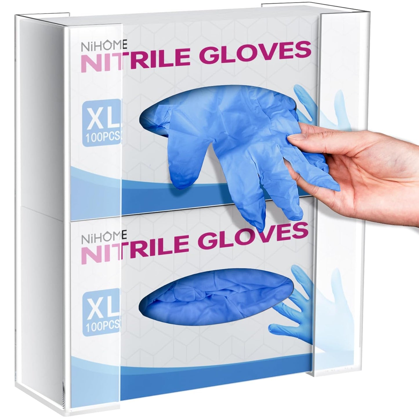 NiHome Multi-Tier Clear Acrylic Wall Mount Glove Box Holder Tissue Box Dispenser for Kitchen, Bathroom, Garage, Lab, Salon, Space-Saving Adjustable Organizer for Gloves, Tissues, Baby Wipes (2-Tier)