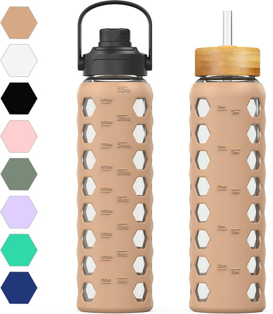 MUKOKO 32oz Glass Water Bottles with 2 Lids-Handle Spout Lid&Bamboo Straw Lid, Motivational Water Tumbler with Time Marker Reminder and Silicone Sleeve, Leakproof-Amber-1 Pack
