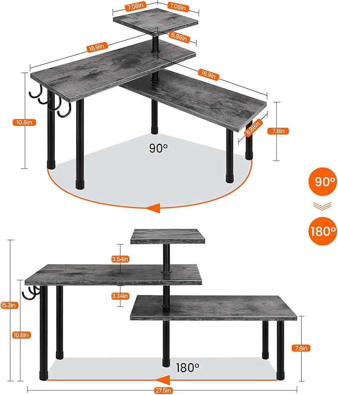 Homode Kitchen Countertop Organizer, 3 Tier Corner Shelf Bathroom Counter Organizer, Wooden Counter Shelf Stand Space Saver, Easy Assembly, Rustic Grey