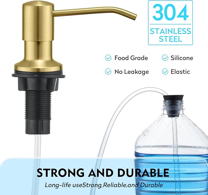 CREA Light Gold Soap Dispenser for Kitchen Sink, Stainless Steel Built-in Sink Soap Dispenser Pump with 17 oz in-Counter Bottle and 39" Extension Tube for Under Sink, Brushed Finish