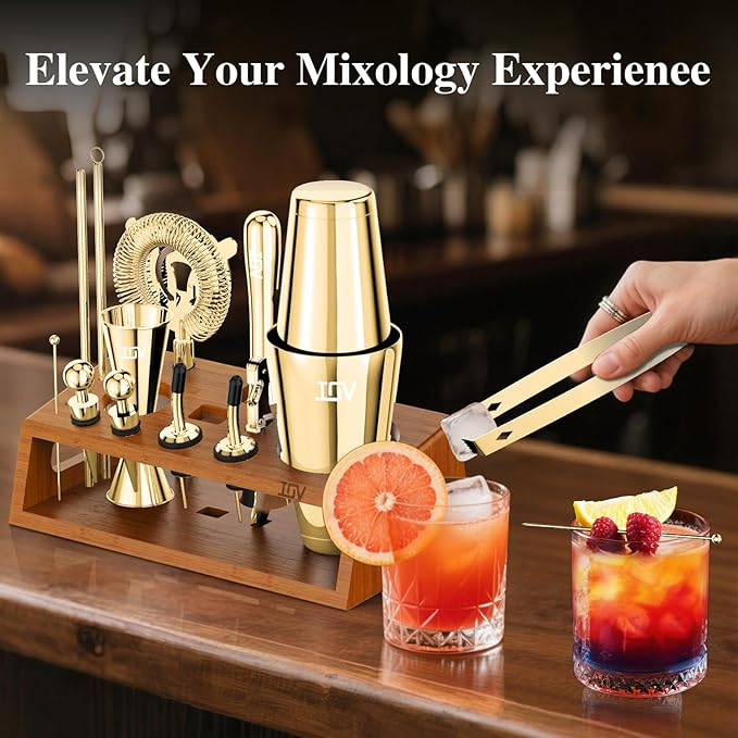 IOV Mixology Bartender Kit Bar Set with Stand | 17-Piece Cocktail Shaker Set | 28oz Boston Shaker Drink Mixer Set with All Essential Accessory Tools | Fun Housewarming Gift (Gold)